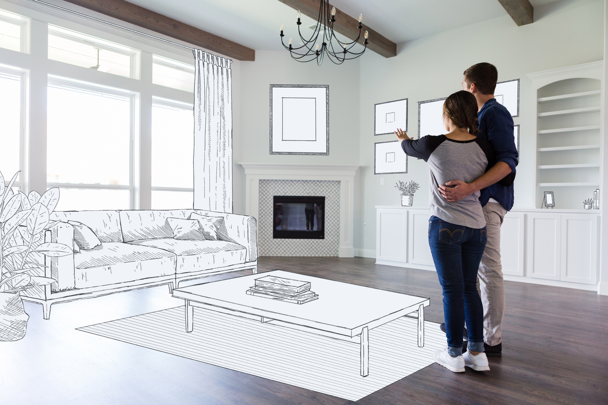 A couple stands in front of a drawing of a living room, discussing strategies for handling bulky furniture safely.