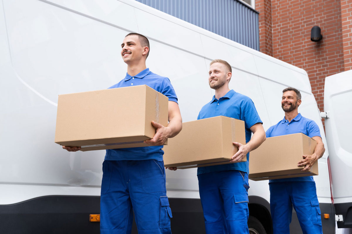Three men in blue uniforms carrying boxes, representing professional movers in Adelaide.